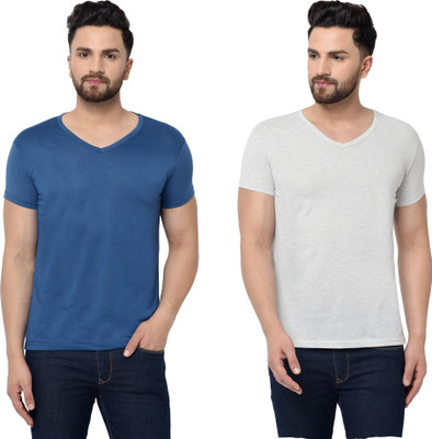 Tresna Fab Solid Men V Neck Dark Blue, Grey T-Shirt