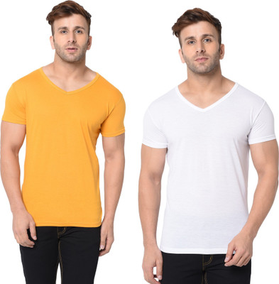 Tresna Trending Solid Men V Neck White, Yellow T-Shirt
