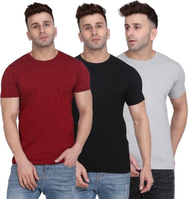 INDIZO Solid Men Round Neck Maroon, Black, Grey T-Shirt