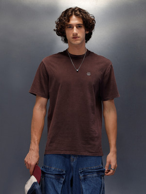 WROGN Solid Men Round Neck Brown T-Shirt