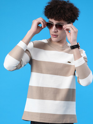 V-MART Colorblock Men Round Neck Beige T-Shirt