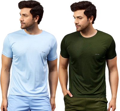 UDI n ADI Solid Men Round Neck Light Blue, Green T-Shirt