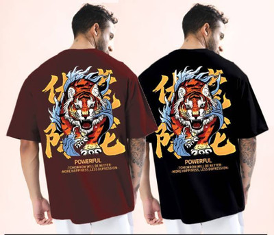 Reya Printed Men Round Neck Maroon, Black T-Shirt