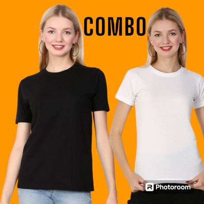 V-Mens Solid Women Round Neck Black, White T-Shirt
