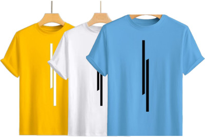 lalita creation Solid Men Round Neck Yellow, White, Light Blue T-Shirt