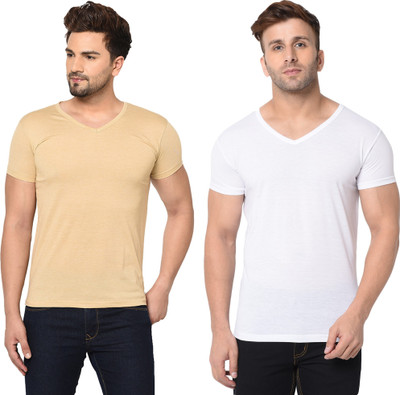 Adorbs Trend Solid Men V Neck White, Beige T-Shirt