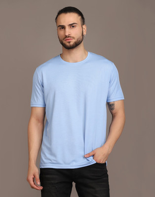 INKKR Solid Men Round Neck Light Blue T-Shirt