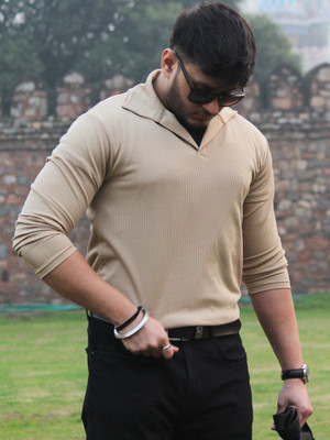 LIME Self Design Men Polo Neck Beige T-Shirt
