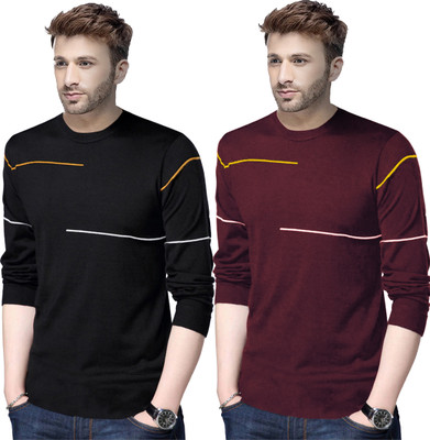 Reya Striped Men Round Neck Maroon, Black T-Shirt