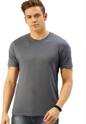 Anything Solid Men Round Neck Grey T-Shirt