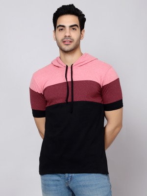 DIAZ Striped Men Hooded Neck Pink T-Shirt