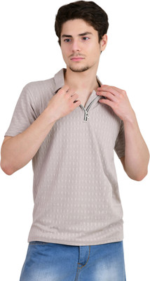 KEOTI Self Design Men Zip Neck Grey T-Shirt