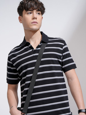 HIGHLANDER Striped Men Polo Neck Black T-Shirt