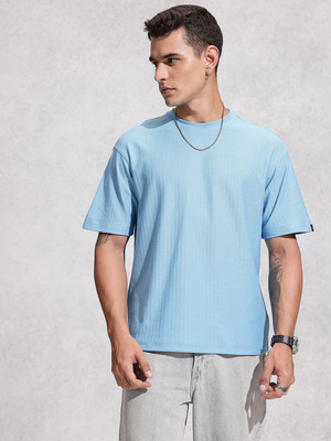 WROGN Self Design Men Round Neck Blue T-Shirt