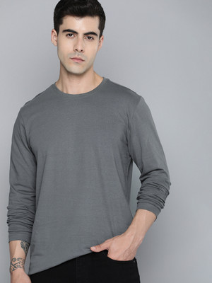 ether Solid Men Round Neck Grey T-Shirt