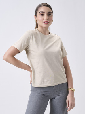 THESOLIDS Solid Women Round Neck Beige T-Shirt