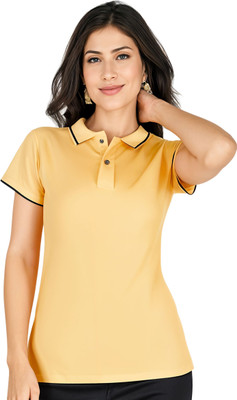 SHAUN Solid Women Polo Neck Yellow T-Shirt