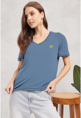 MACK JONNEY Printed, Solid Women V Neck Dark Blue T-Shirt