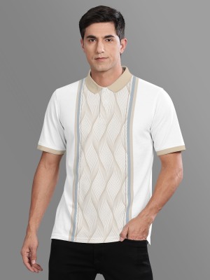 Bullmer Striped Men Polo Neck Beige, White T-Shirt