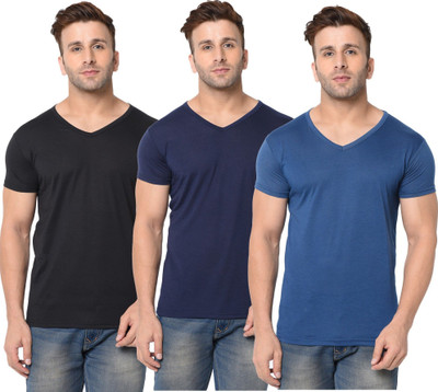 JB Jagoboy Solid Men V Neck Dark Blue, Blue, Black T-Shirt