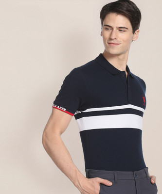 U.S. POLO ASSN. Striped Men Polo Neck Blue T-Shirt