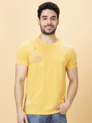 BEING HUMAN Solid Men Round Neck Yellow T-Shirt