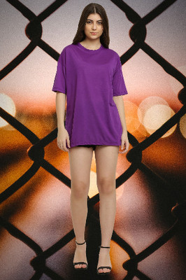 CANIDAE Solid Women Round Neck Purple T-Shirt