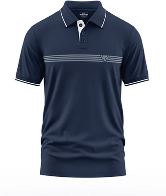 Warriorworld Striped Men Polo Neck Navy Blue T-Shirt