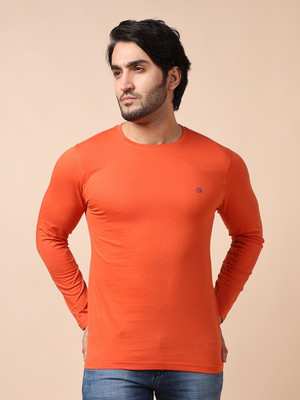 BERRYBLUES Solid Men Round Neck Orange T-Shirt