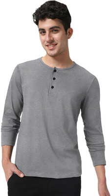 LazyChunks Solid Men Henley Neck Grey T-Shirt