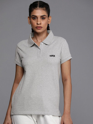 HRX by Hrithik Roshan Solid Women Polo Neck Grey T-Shirt