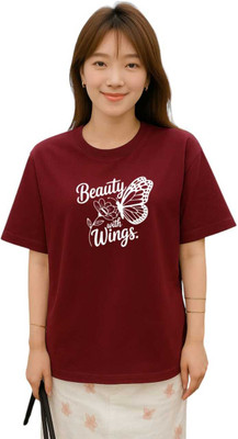 Stylicity Printed Women Round Neck Maroon T-Shirt