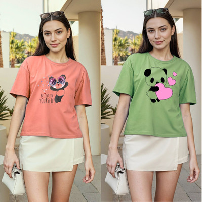 Herway Printed Women Round Neck Pink, Green T-Shirt
