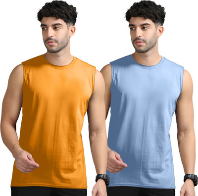 Adorbs Solid Men Round Neck Orange, Blue T-Shirt