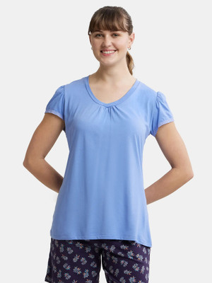 JOCKEY Solid Women V Neck Blue T-Shirt