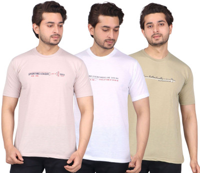 WILD ELEPHANT Printed Men Round Neck Beige, White, Green T-Shirt