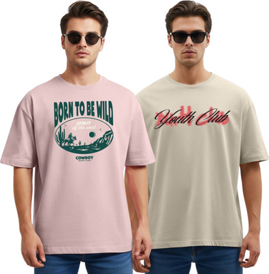 STYLENSE Typography Men Round Neck Beige, Pink T-Shirt