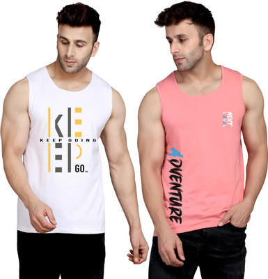SLOWLORIS Printed Men Round Neck White, Pink T-Shirt