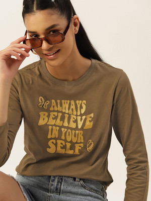 Dressberry Printed Women Round Neck Green T-Shirt