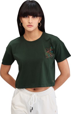 Spykar Solid Women Round Neck Green T-Shirt