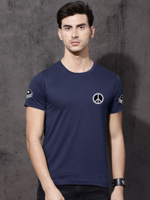 LazyChunks Printed Men Round Neck Navy Blue T-Shirt