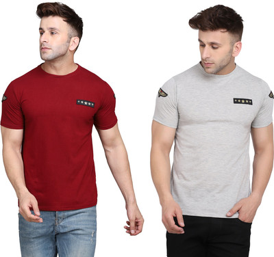 BEYOU FASHION Solid Men Round Neck Silver, Maroon T-Shirt