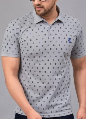 We Perfect Printed Men Polo Neck Grey T-Shirt