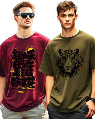 AUSK Printed Men Round Neck Green, Maroon T-Shirt