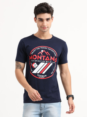 Texman Printed Men Round Neck Navy Blue T-Shirt