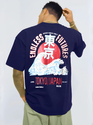LEWEL Graphic Print Men Round Neck Navy Blue T-Shirt