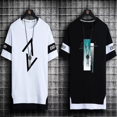 KASPY Printed Men Round Neck White, Black T-Shirt