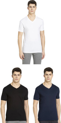JOCKEY Solid Men V Neck Black, Dark Blue, White T-Shirt