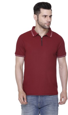 Colors & Blends Solid Men Zip Neck Maroon T-Shirt