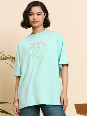 Mast & Harbour Printed Women Round Neck Light Green T-Shirt